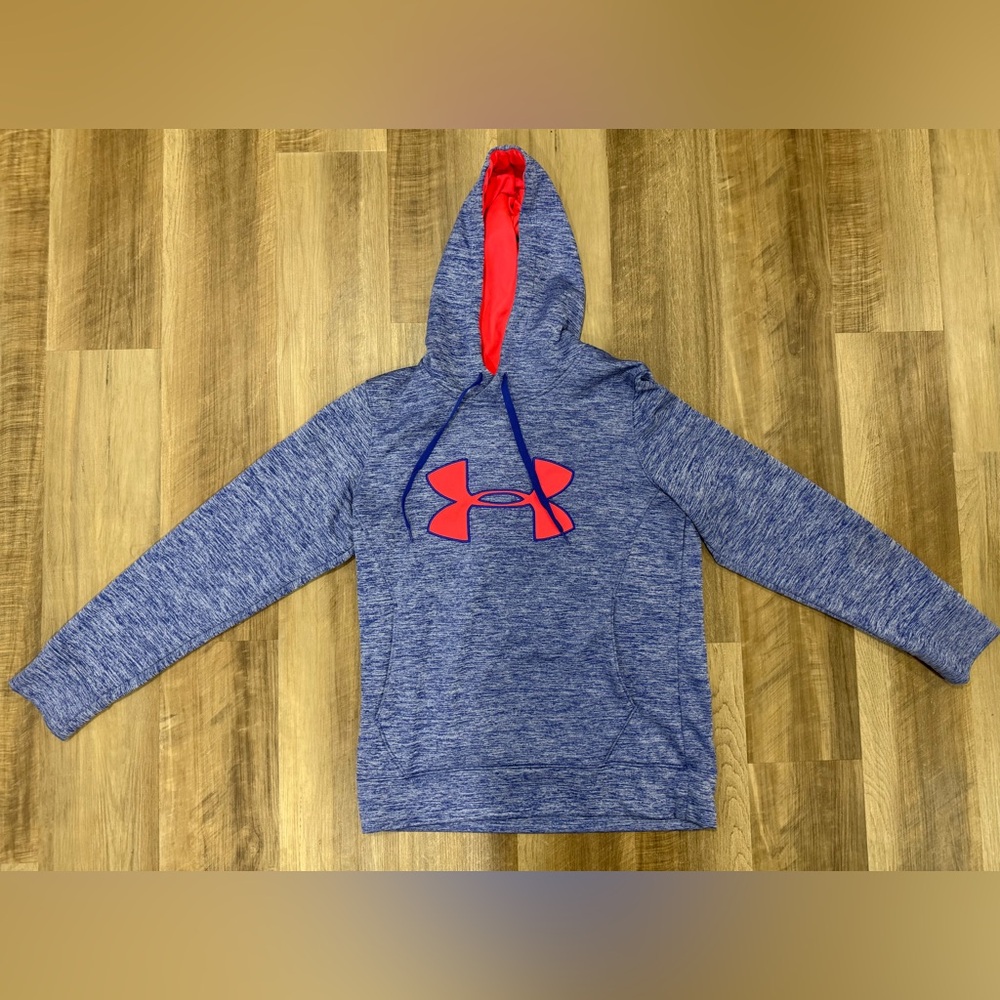 Under Armour Women’s size small Heathered Blue Hoodie with Neon Pink/Coral Logo